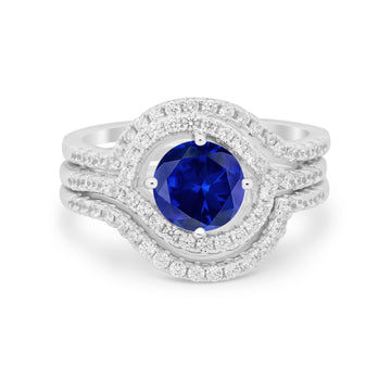 Three Piece Ring Band Round Simulated Blue Sapphire CZ 925 Sterling Silver